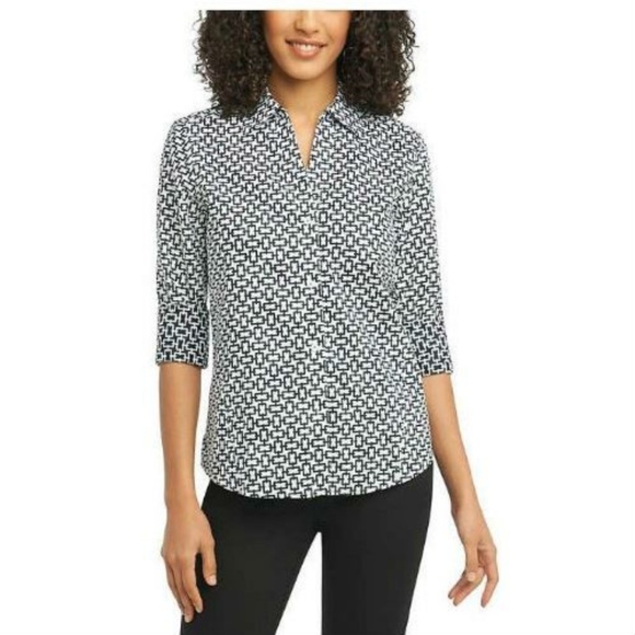 Foxcroft Tops - Foxcroft Ladies Printed Stretch Blouse, Black/Whit